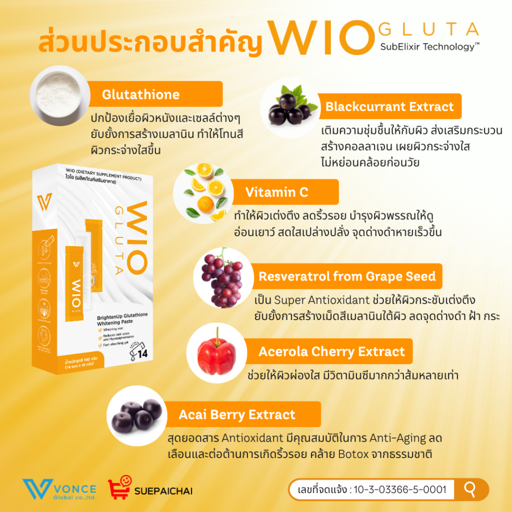 WIO Gluta VONCE ไวโอ กลูต้า ผิวขาว ผิวใส ลดริ้วรอย หน้าเด็ก หน้าเด้ง ส่วนผสม